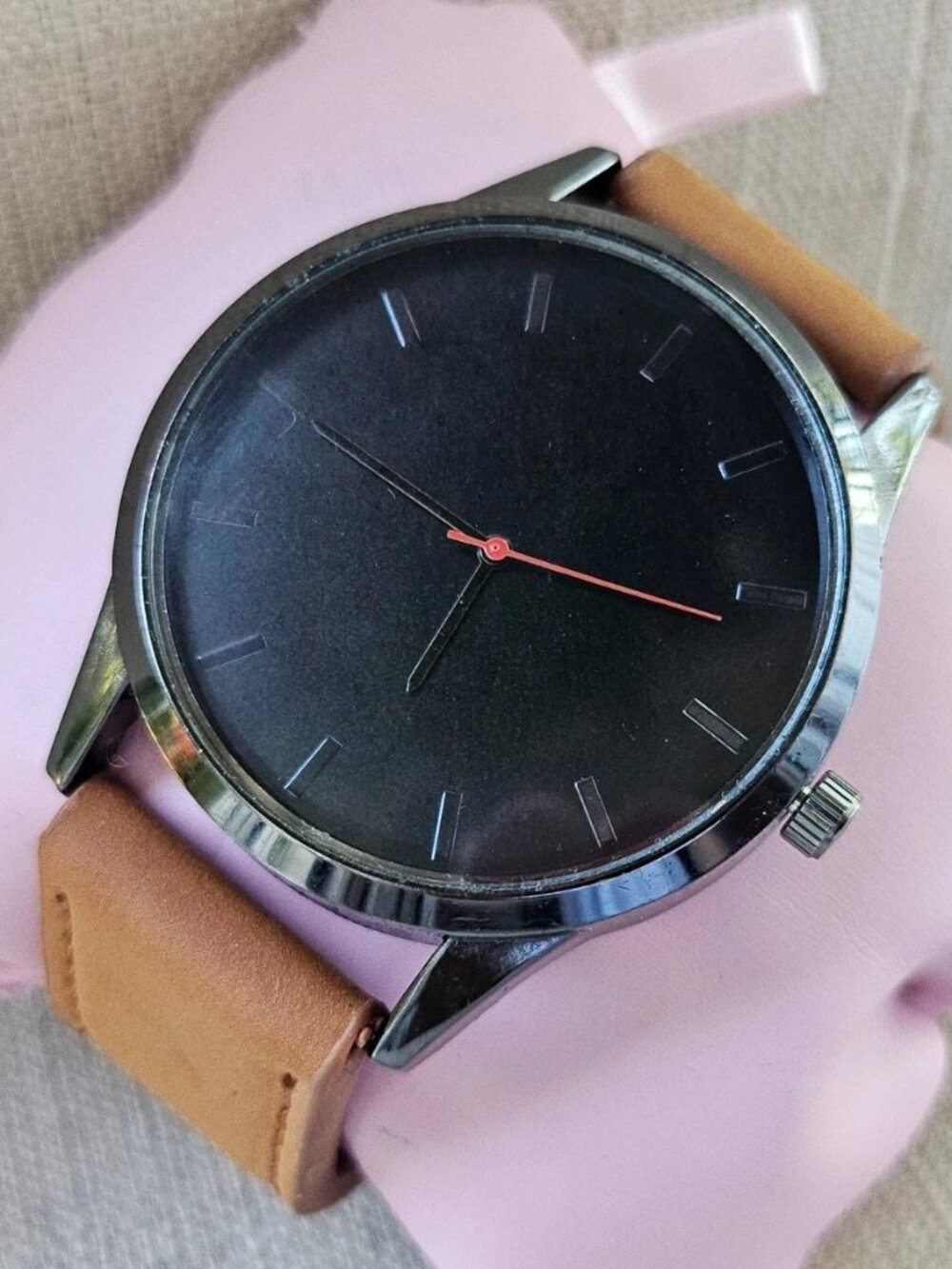 Fashion Men Wristwatch Brown Faux Leather Vegan Strap Quartz Black Face Watch